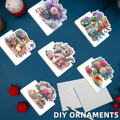 6 Packs Cat and Flowers DIY Diamond Painting Greeting Card Kit for Adults Gifts