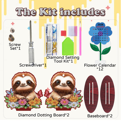 2026-2027 Sloth Wooden DIY 5D Diamond Painting Calendar for Home Office Decor