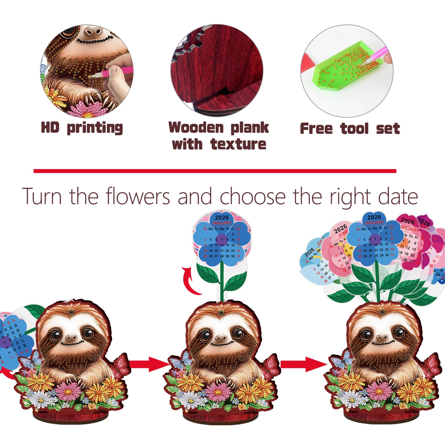 2026-2027 Sloth Wooden DIY 5D Diamond Painting Calendar for Home Office Decor