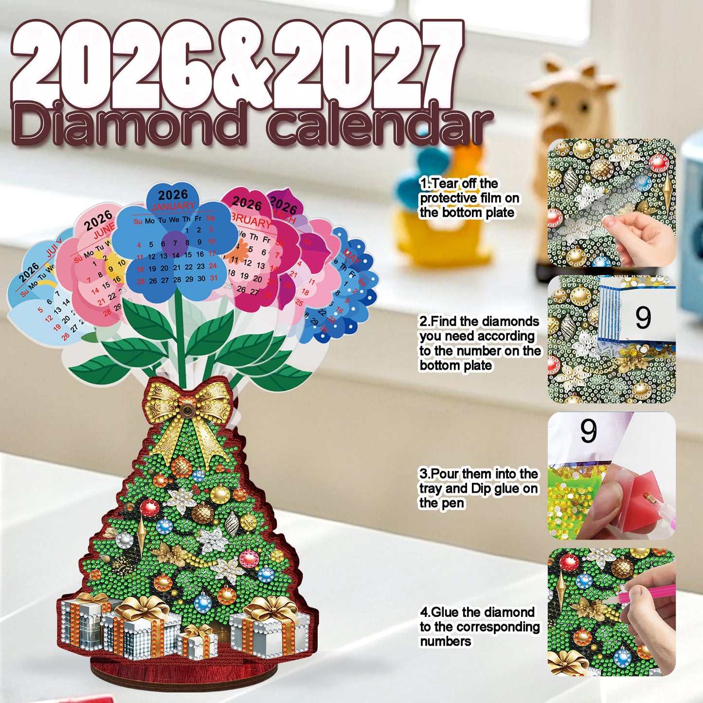 2026-2027 Christmas Tree Wooden DIY 5D Diamond Painting Calendar for Home Decor