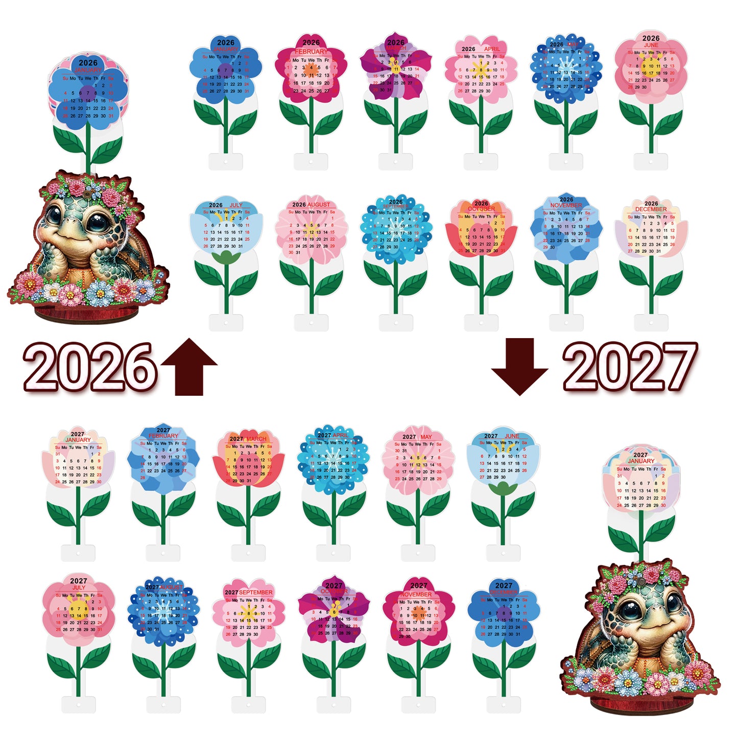 2026-2027 Turtle Wooden DIY 5D Diamond Painting Calendar for Home Office Decor