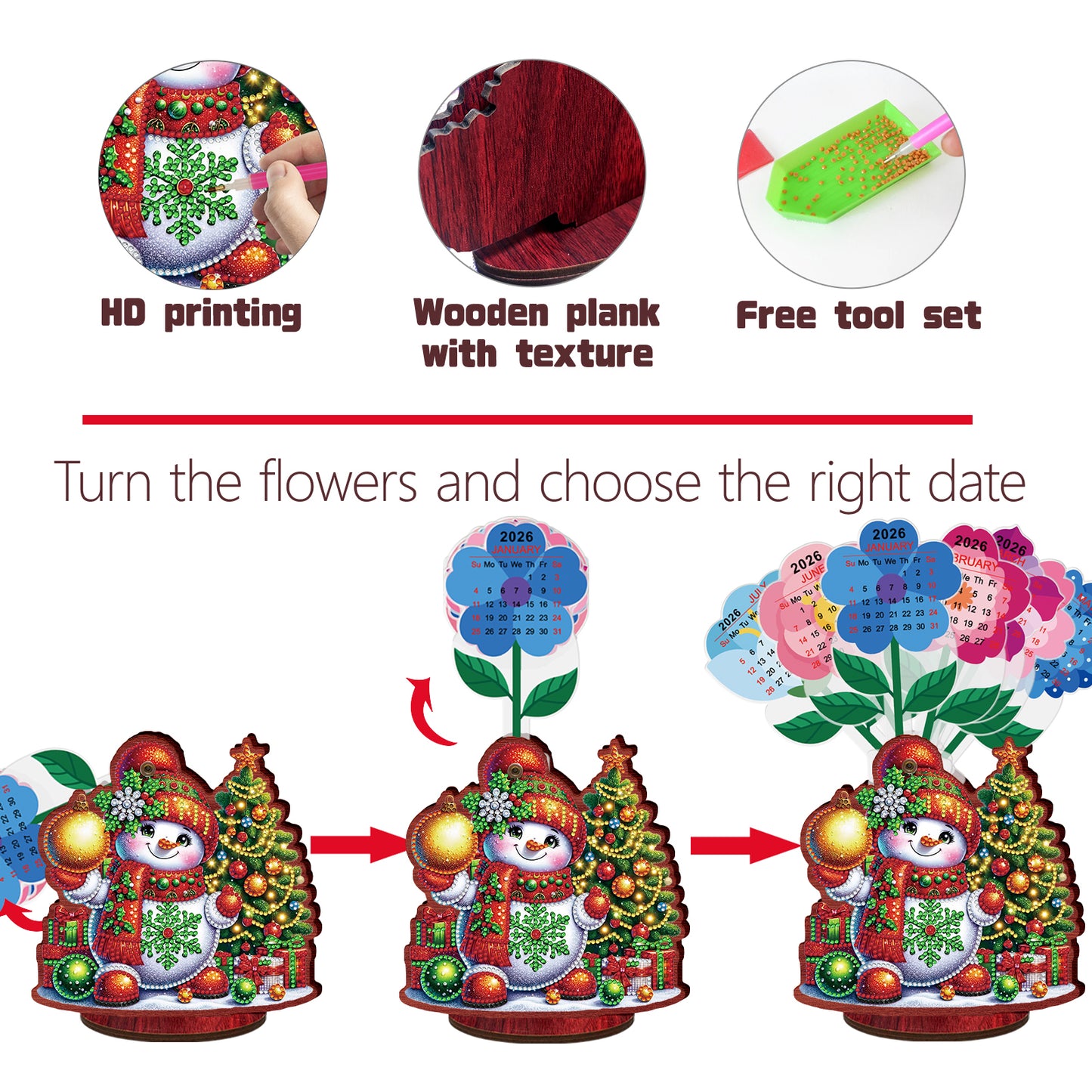 2026-2027 Snowman Wooden DIY 5D Diamond Painting Calendar for Home Office Decor