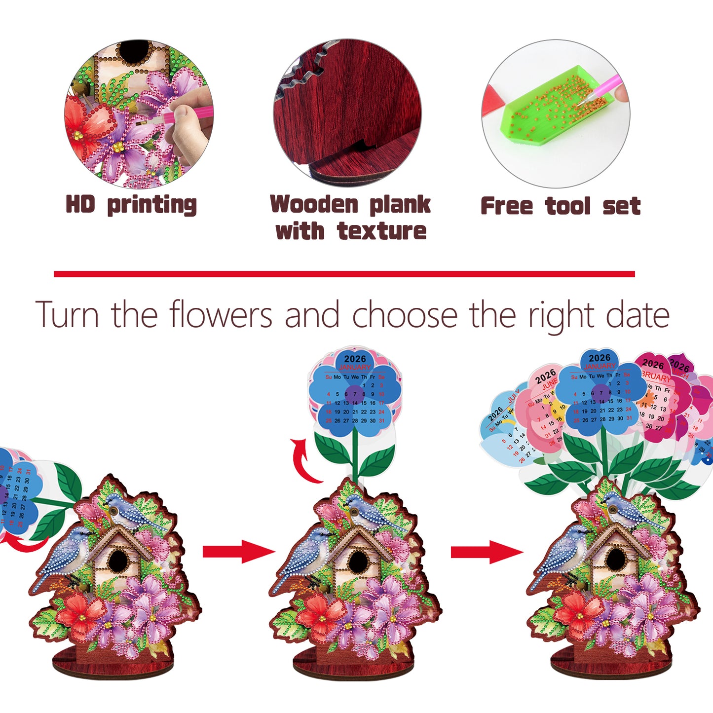 2026-2027 Birdcage Wooden DIY 5D Diamond Painting Calendar for Home Office Decor