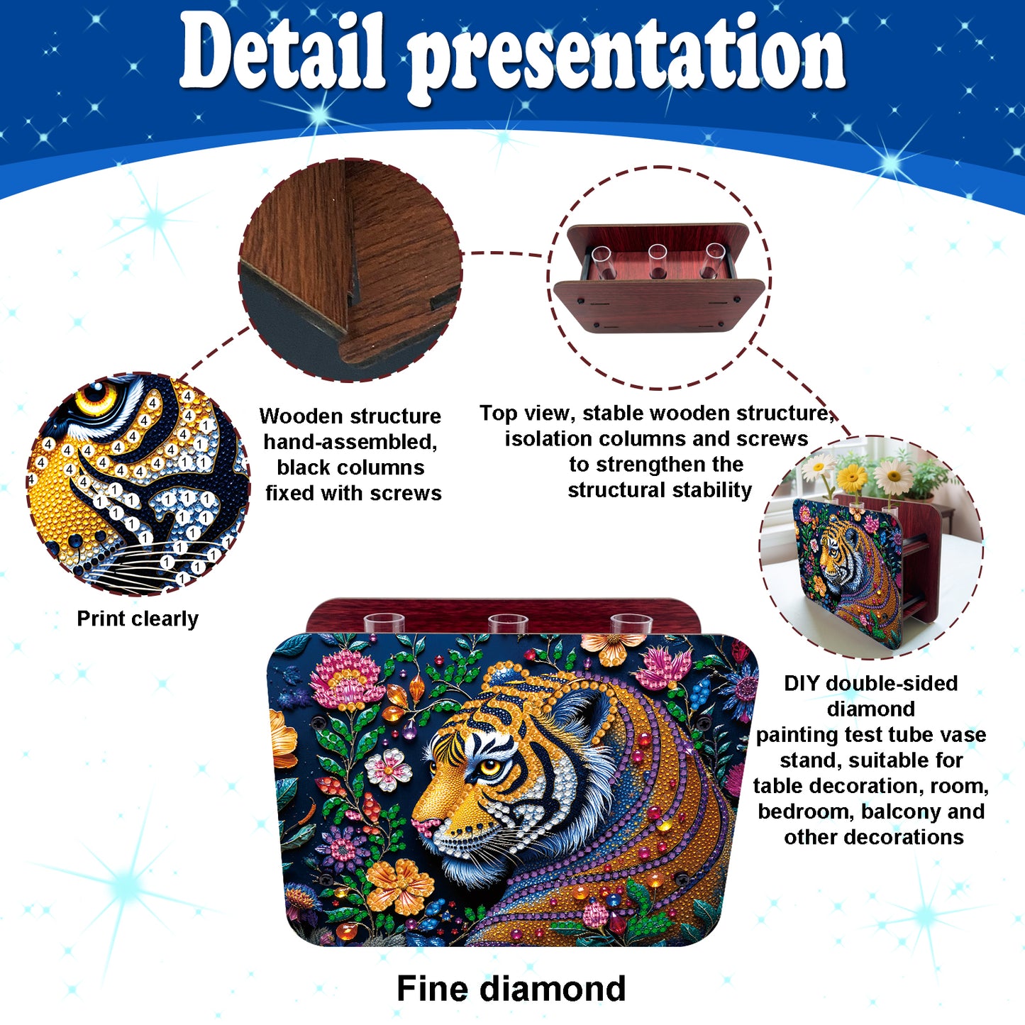 Gem Tiger DIY Diamond Painting Wooden Tube Vase for Adults Gift Idea Home Decor