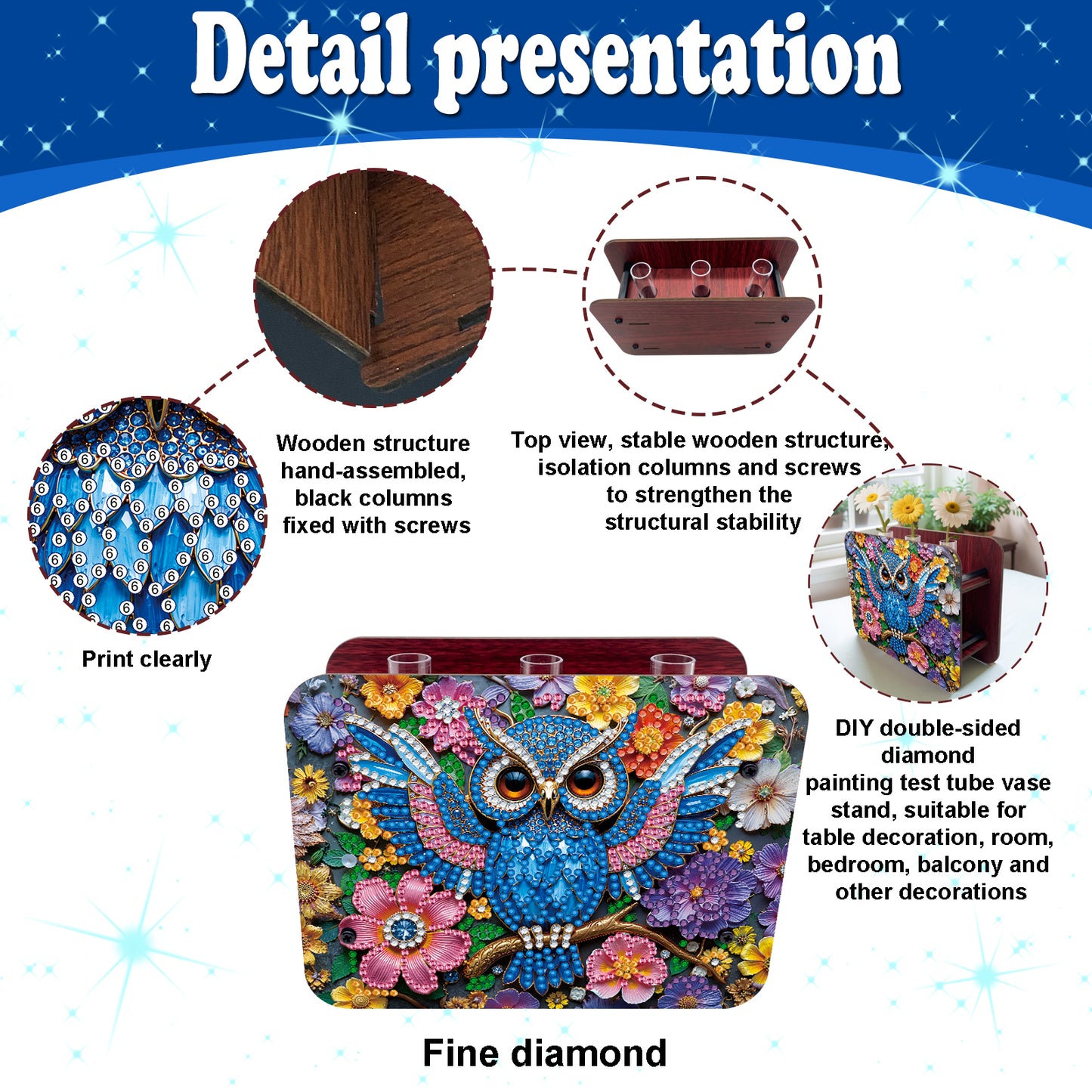 Gem Owl DIY Diamond Painting Wooden Tube Vase for Adults Gift Idea Home Decor