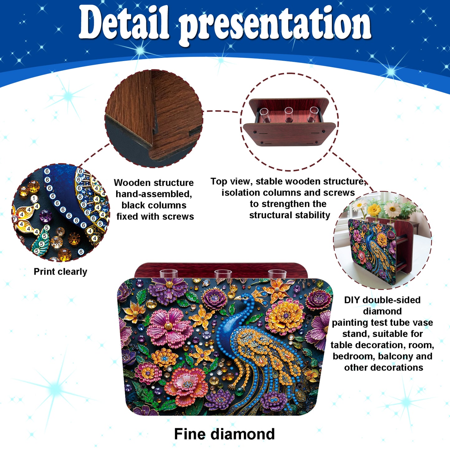 Gem Peacock DIY Diamond Painting Wooden Tube Vase for Adults Gift Home Decor