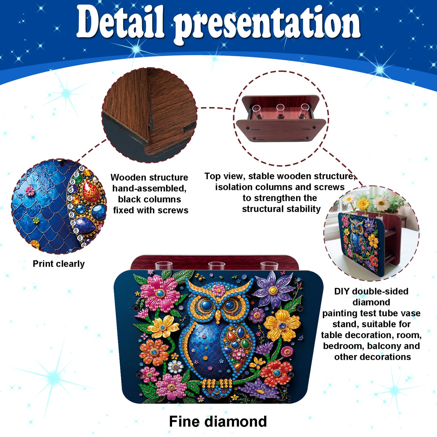 Gem Owl DIY Diamond Painting Wooden Tube Vase for Adults Gift Idea Home Decor