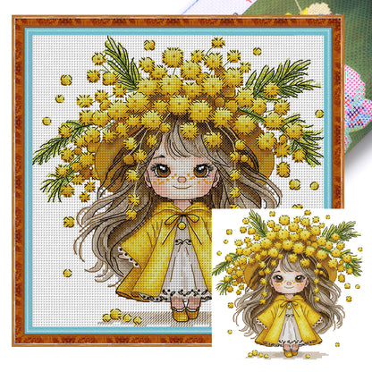 Girl With Mimosa - 14CT Stamped Cross Stitch 28*28CM (Joy Sunday)