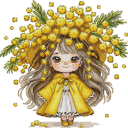 Girl With Mimosa - 14CT Stamped Cross Stitch 28*28CM (Joy Sunday)