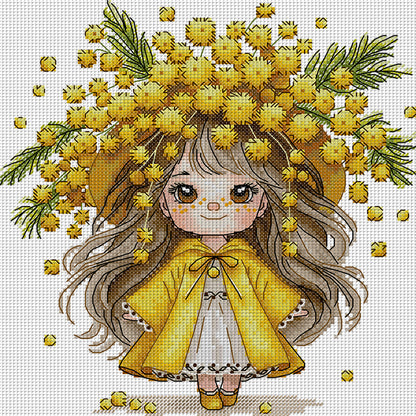 Girl With Mimosa - 14CT Stamped Cross Stitch 28*28CM (Joy Sunday)