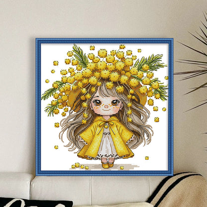Girl With Mimosa - 14CT Stamped Cross Stitch 28*28CM (Joy Sunday)