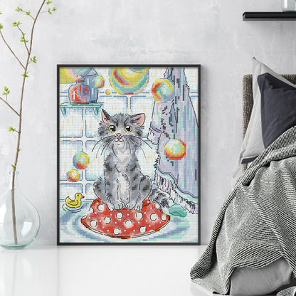Cat And Soap Bubbles - 14CT Stamped Cross Stitch 21*27CM (Joy Sunday)