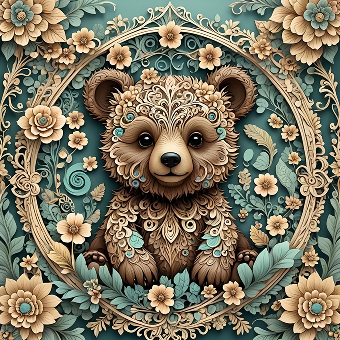 Floral Brown Bear - Full Round Drill Diamond Painting 40*40CM
