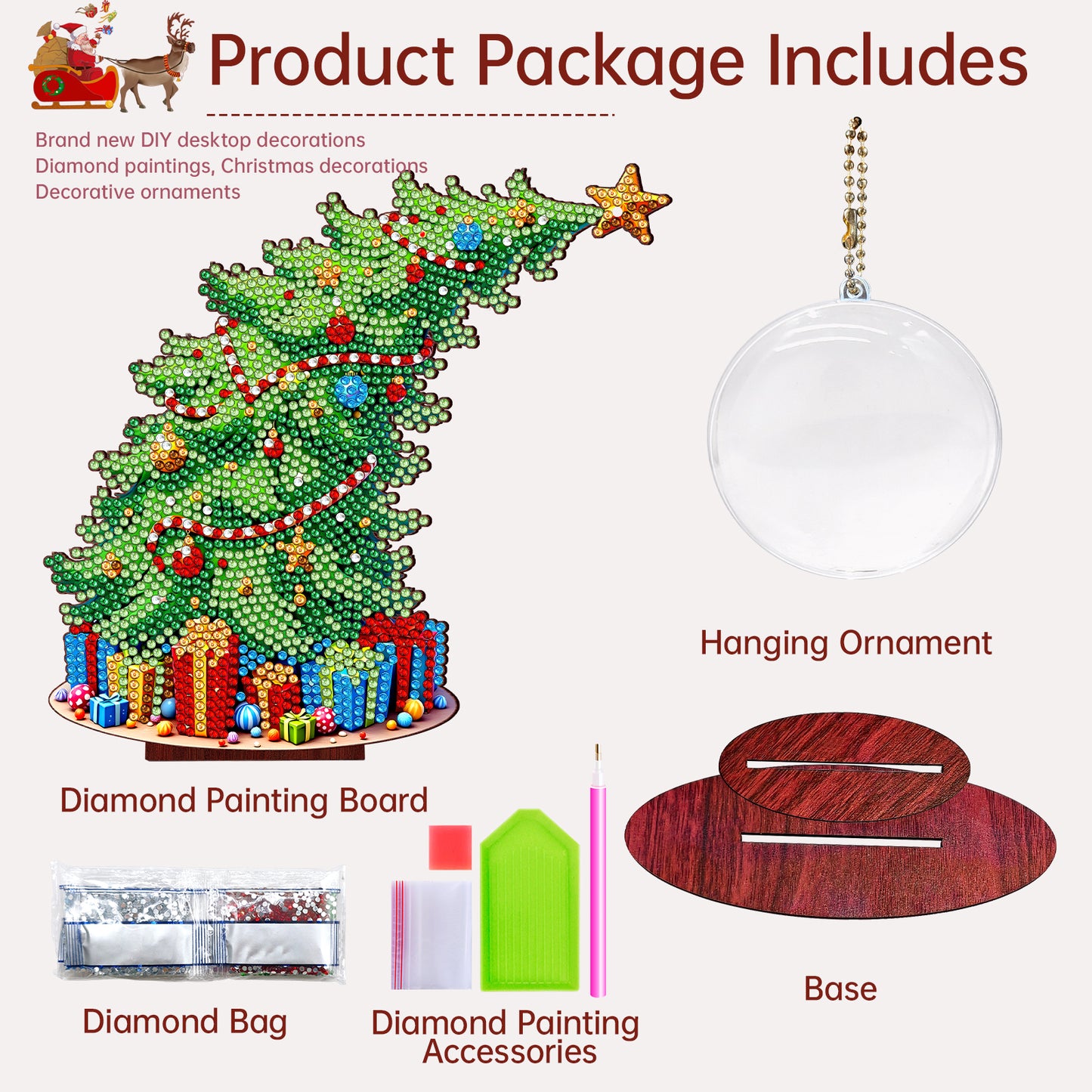 Christmas Tree DIY 2D Flat Wooden Desktop Diamond Art Kit for Adults Beginner(A)