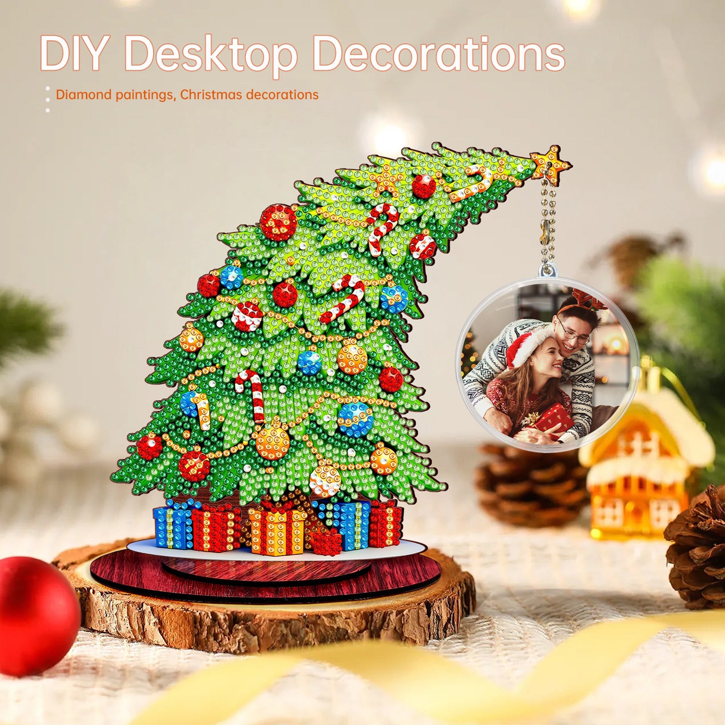 Photo Xmas Tree DIY 2D Flat Wooden Desktop Diamond Art Kit Home Table Decor (E)