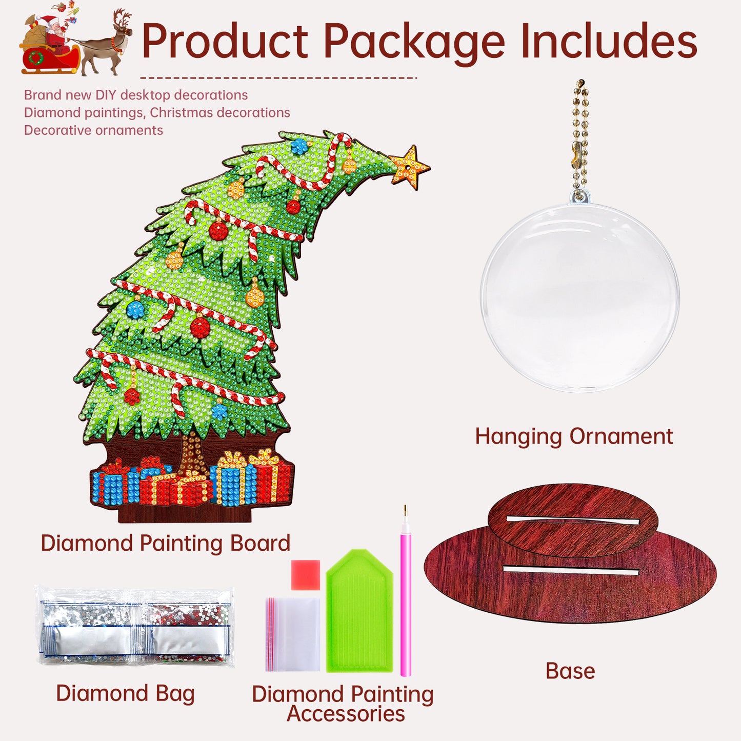 Christmas Tree DIY 2D Flat Wooden Desktop Diamond Art Kit for Adults Beginner(O)