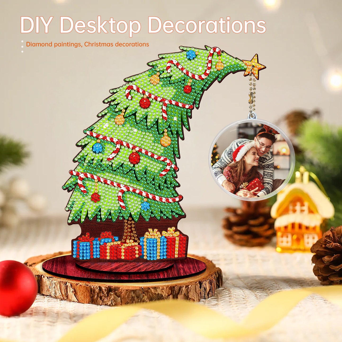 Christmas Tree DIY 2D Flat Wooden Desktop Diamond Art Kit for Adults Beginner(O)