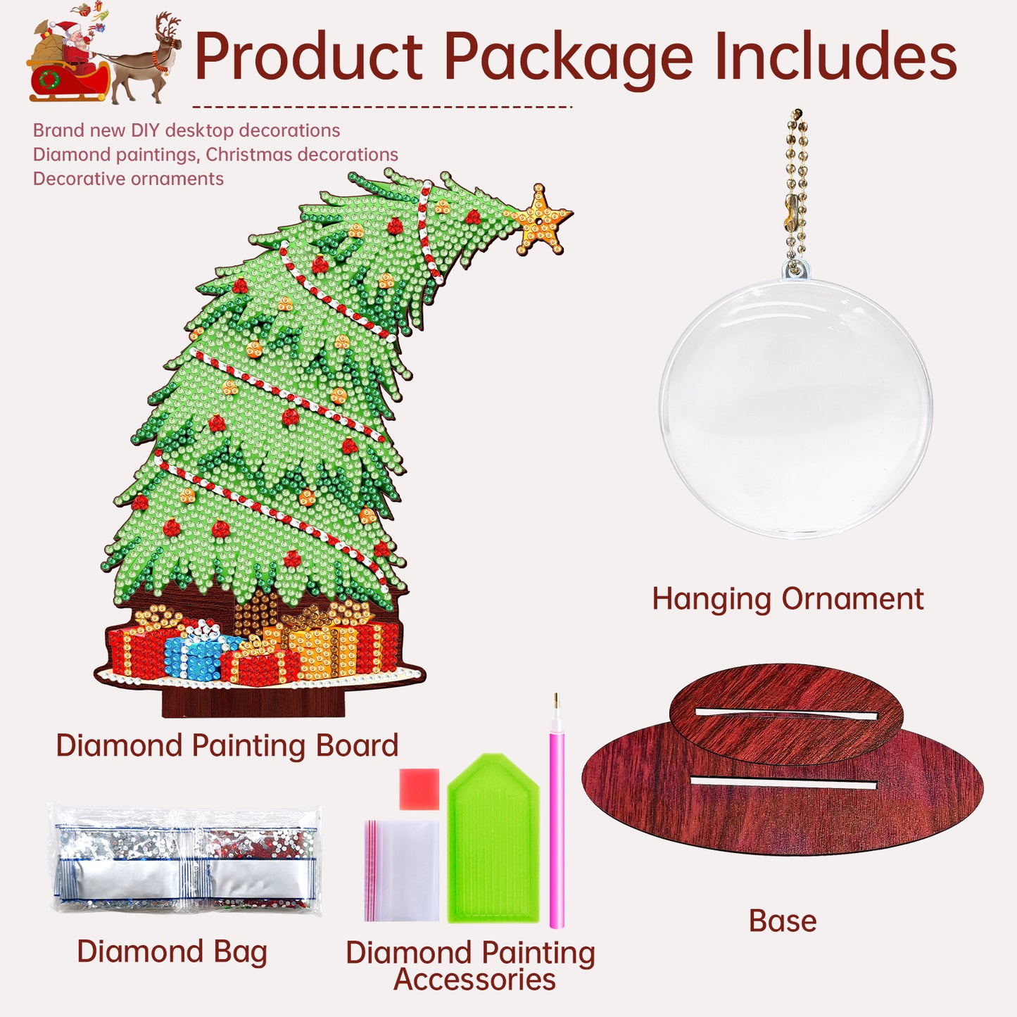 Christmas Tree DIY 2D Flat Wooden Desktop Diamond Art Kit for Adults Beginner(P)
