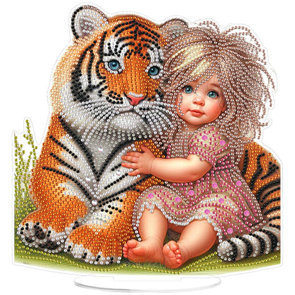 2D Flat DIY Tiger and Girl Acrylic Diamond Painting Tabletop Ornaments Kit Gifts