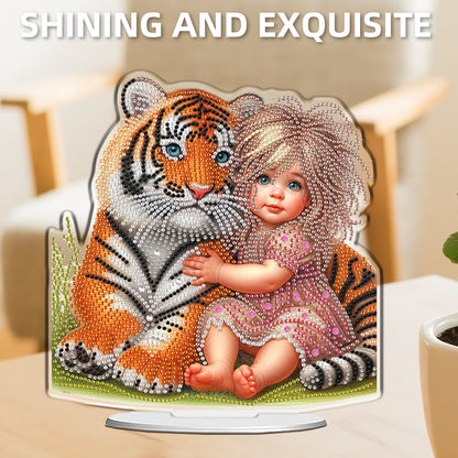 2D Flat DIY Tiger and Girl Acrylic Diamond Painting Tabletop Ornaments Kit Gifts