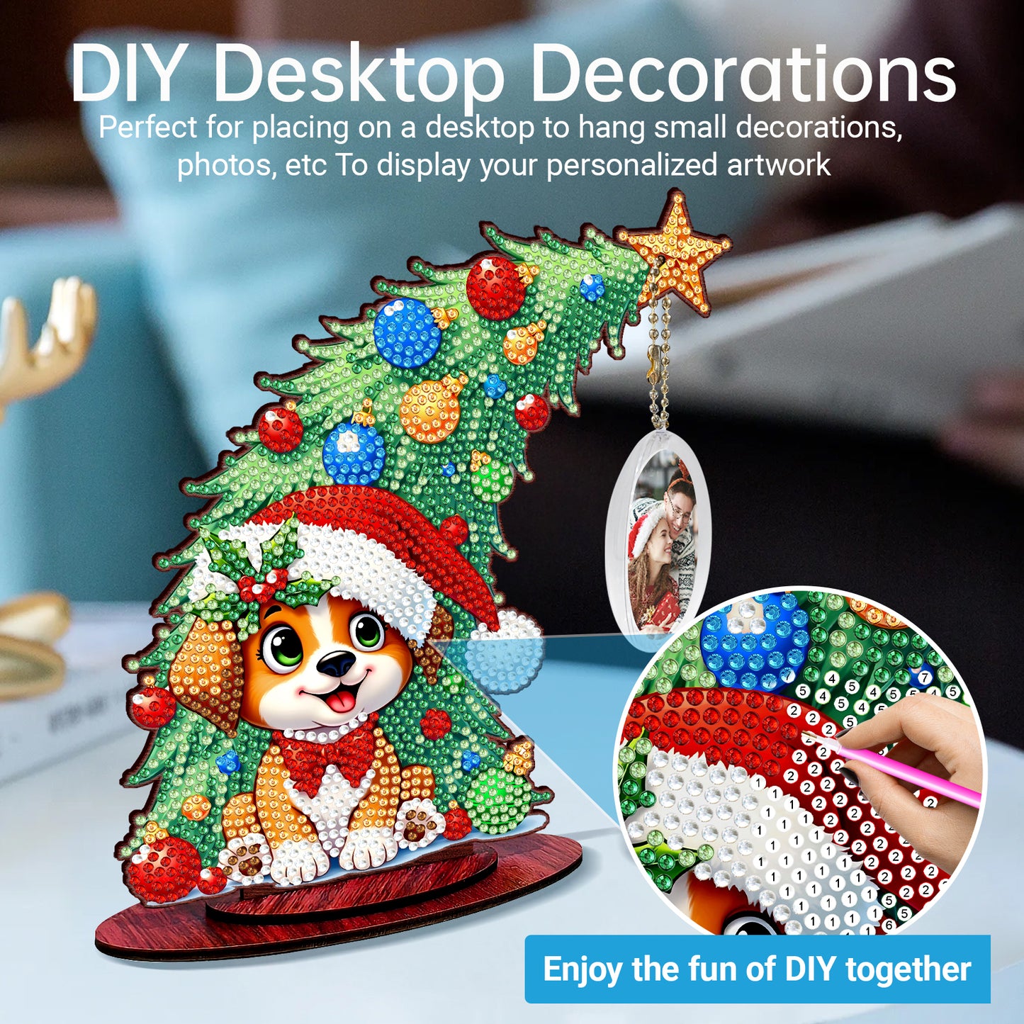Dog Photo Xmas Tree 5D DIY Diamond Art Tabletop Wood Decoration Ornament Kit