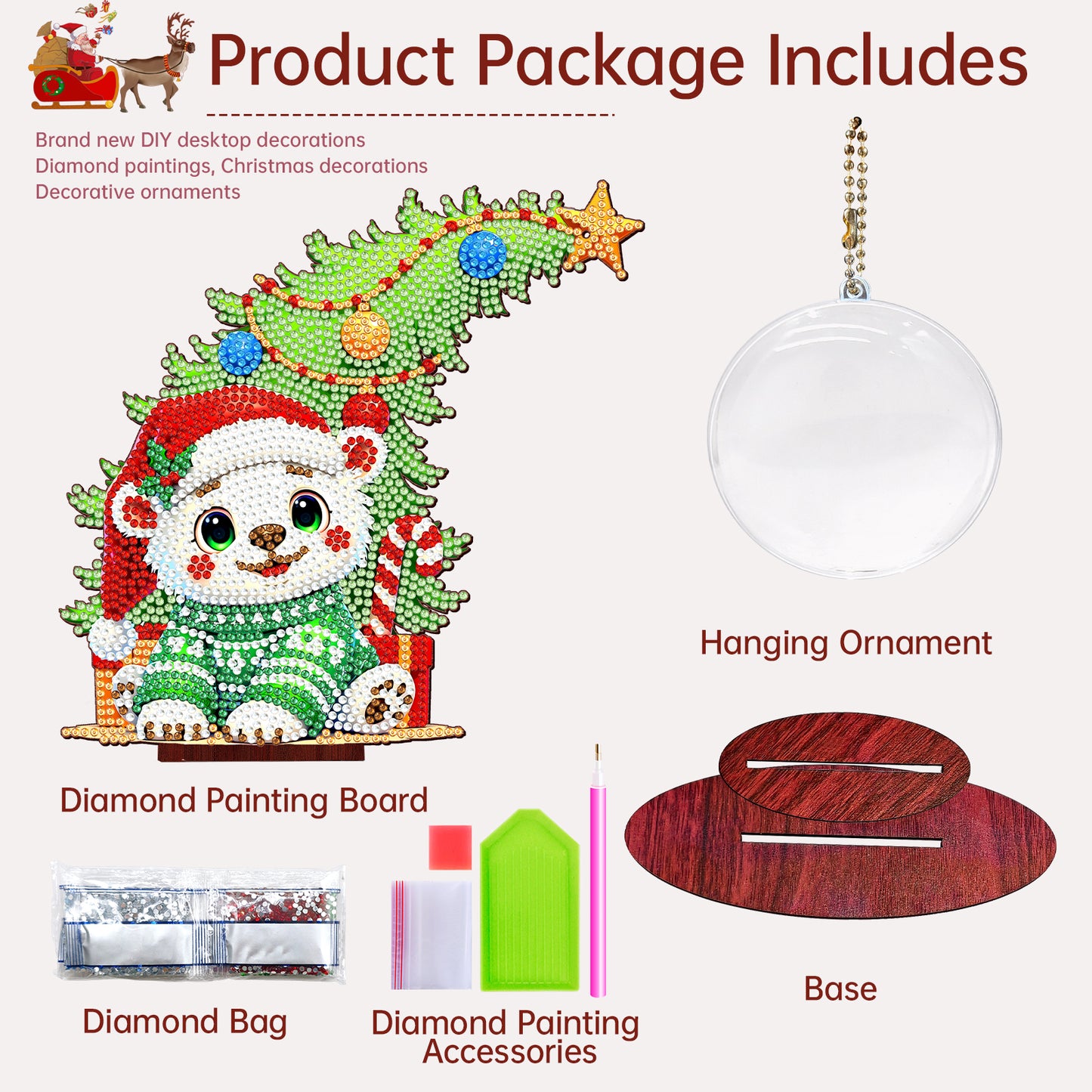 Bear Photo Xmas Tree 5D DIY Diamond Art Tabletop Wood Decoration Ornament Kit