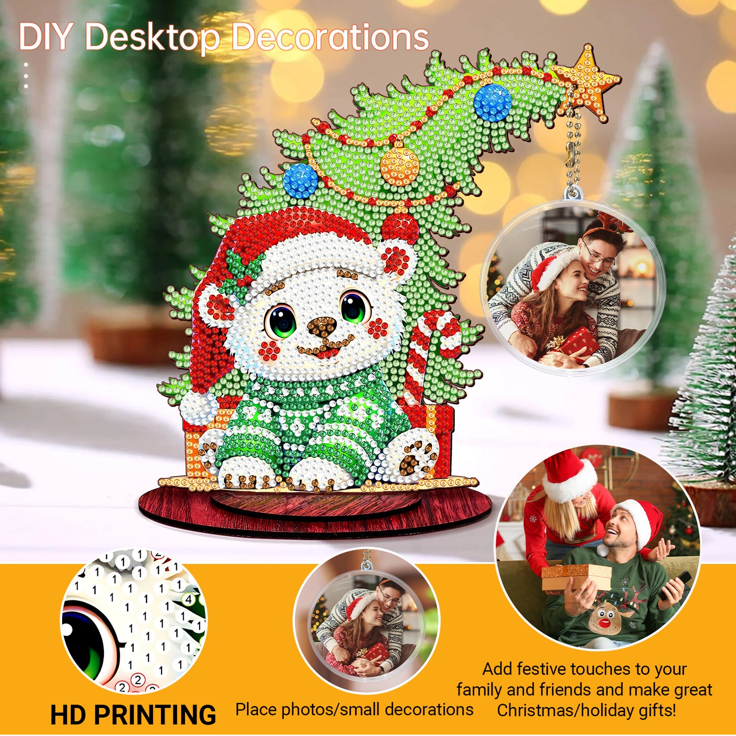 Bear Photo Xmas Tree 5D DIY Diamond Art Tabletop Wood Decoration Ornament Kit