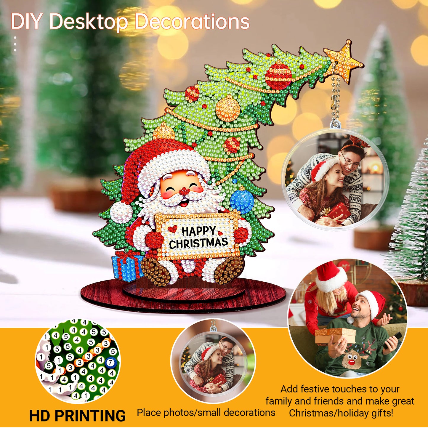 Santa Claus Photo Xmas Tree 5D DIY Diamond Art Tabletop Wood Decoration Ornament