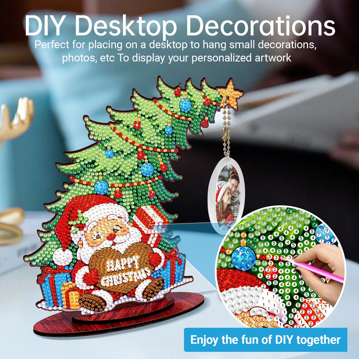 Santa Claus Photo Xmas Tree 5D DIY Diamond Art Tabletop Wood Decoration Ornament