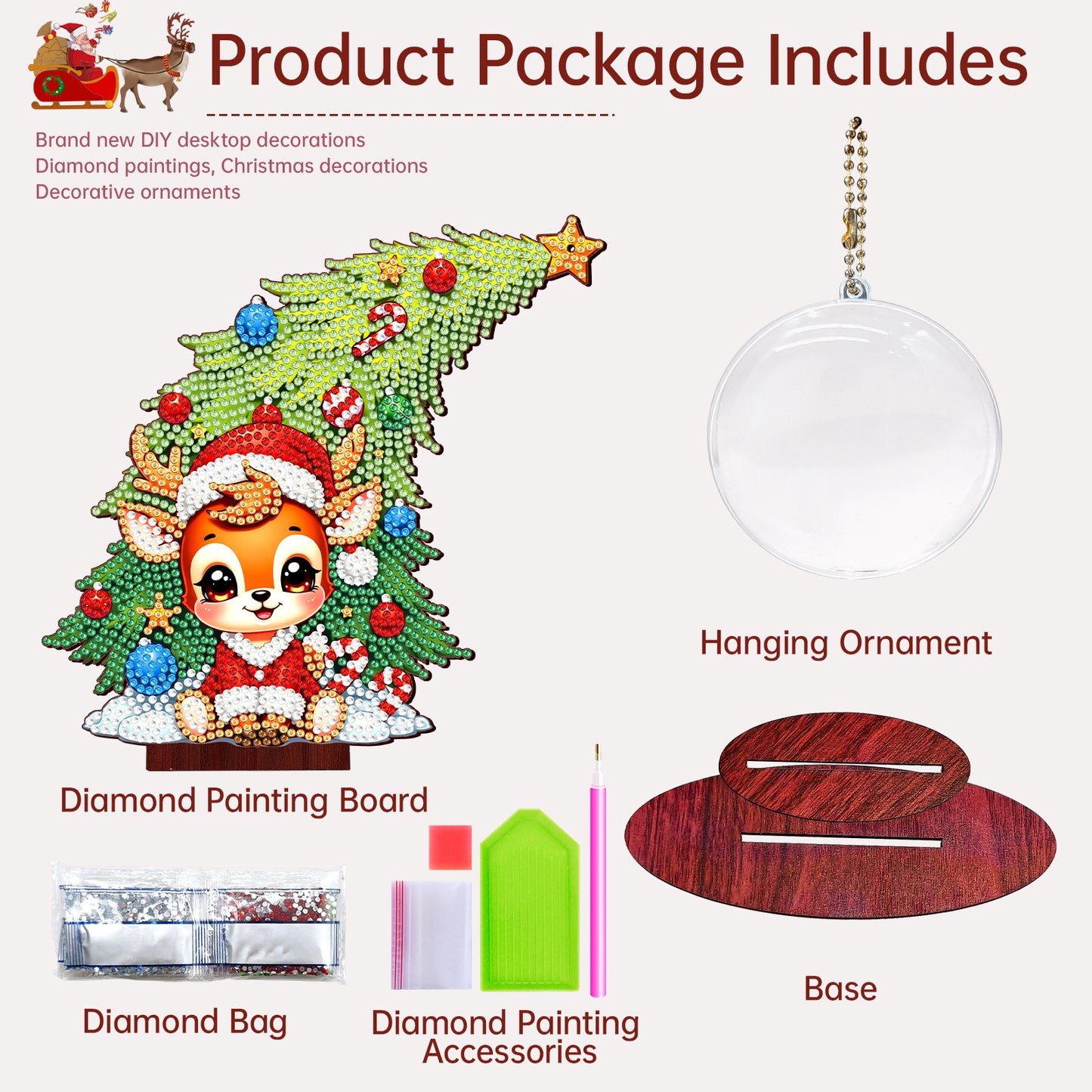 Deer Photo Xmas Tree 5D DIY Diamond Art Tabletop Wood Decoration Ornament Kit