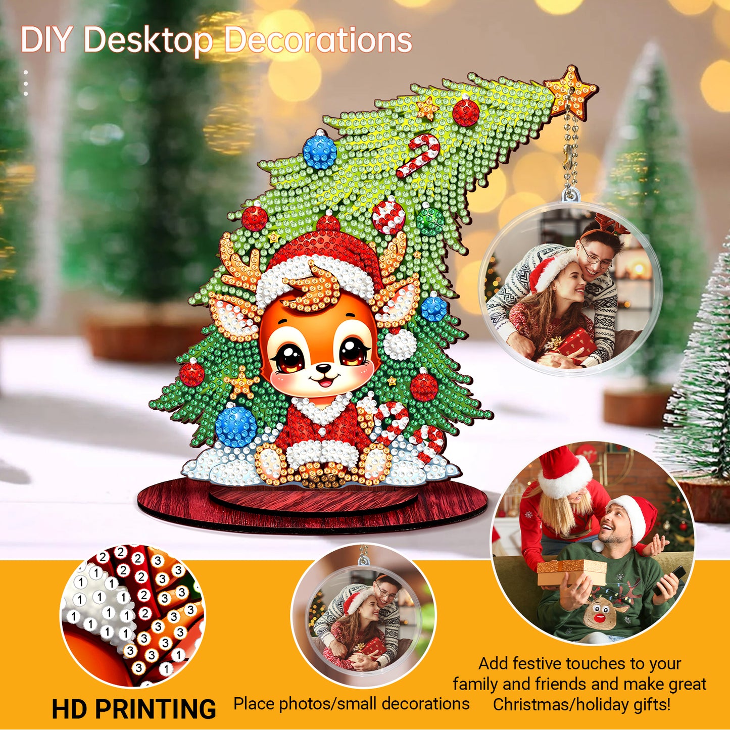 Deer Photo Xmas Tree 5D DIY Diamond Art Tabletop Wood Decoration Ornament Kit