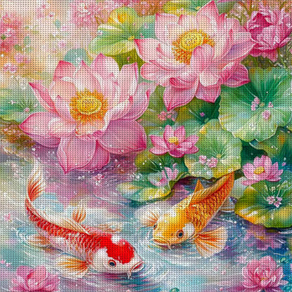 Lotus And Nine Fish Painting - 11CT Stamped Cross Stitch 60*60CM(Mona Lisa Brand)