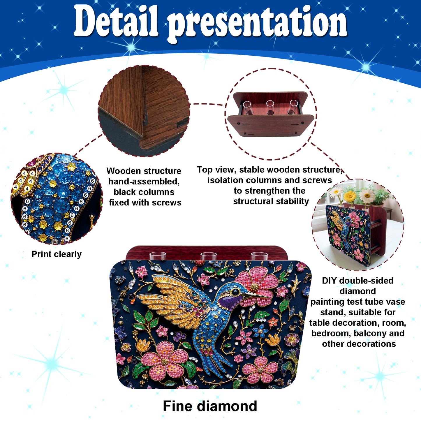 Hummingbird DIY Flower Vase Wooden Double Sided Desktop Diamond Art Kit Decor
