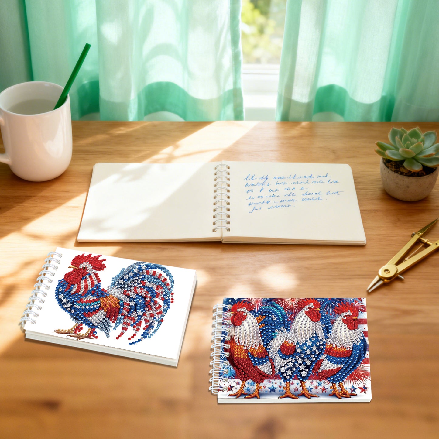 2 Pack USA Flag Rooster DIY Diamond Art Spiral Notebook Kit 80Pages No Lines
