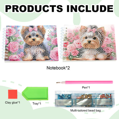 2 Pack Flower Puppy DIY Diamond Art Spiral Notebook Kit 80Pages No Lines Gifts