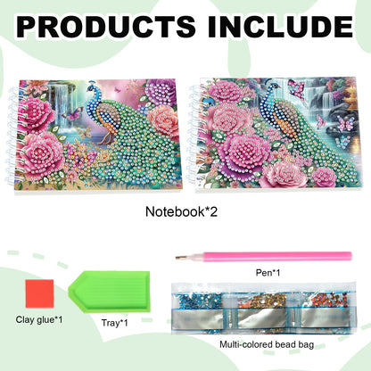 2 Pack Peacock DIY Diamond Art Spiral Notebook Kit 80Pages No Lines for Adults