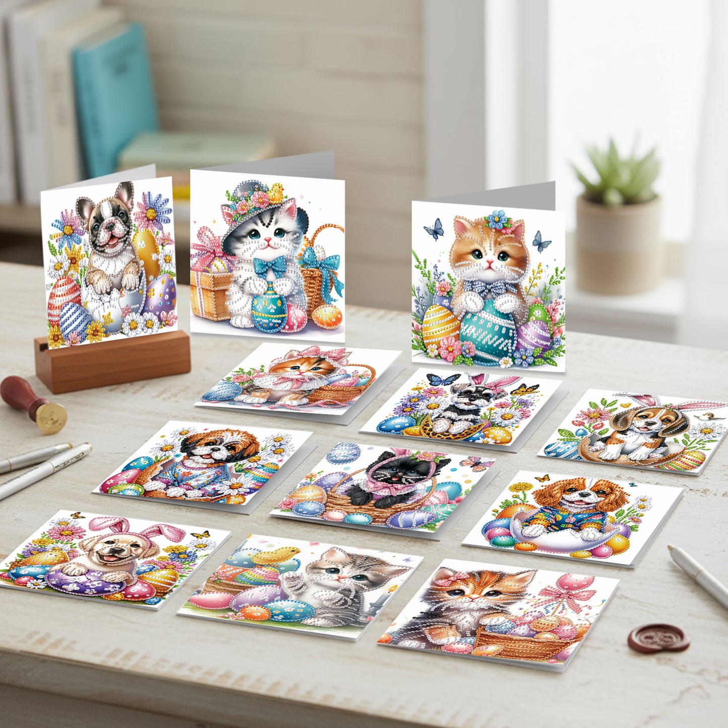 12pcs Cat Theme DIY Diamond Art Greeting Cards with Envelope for Birthday Gift