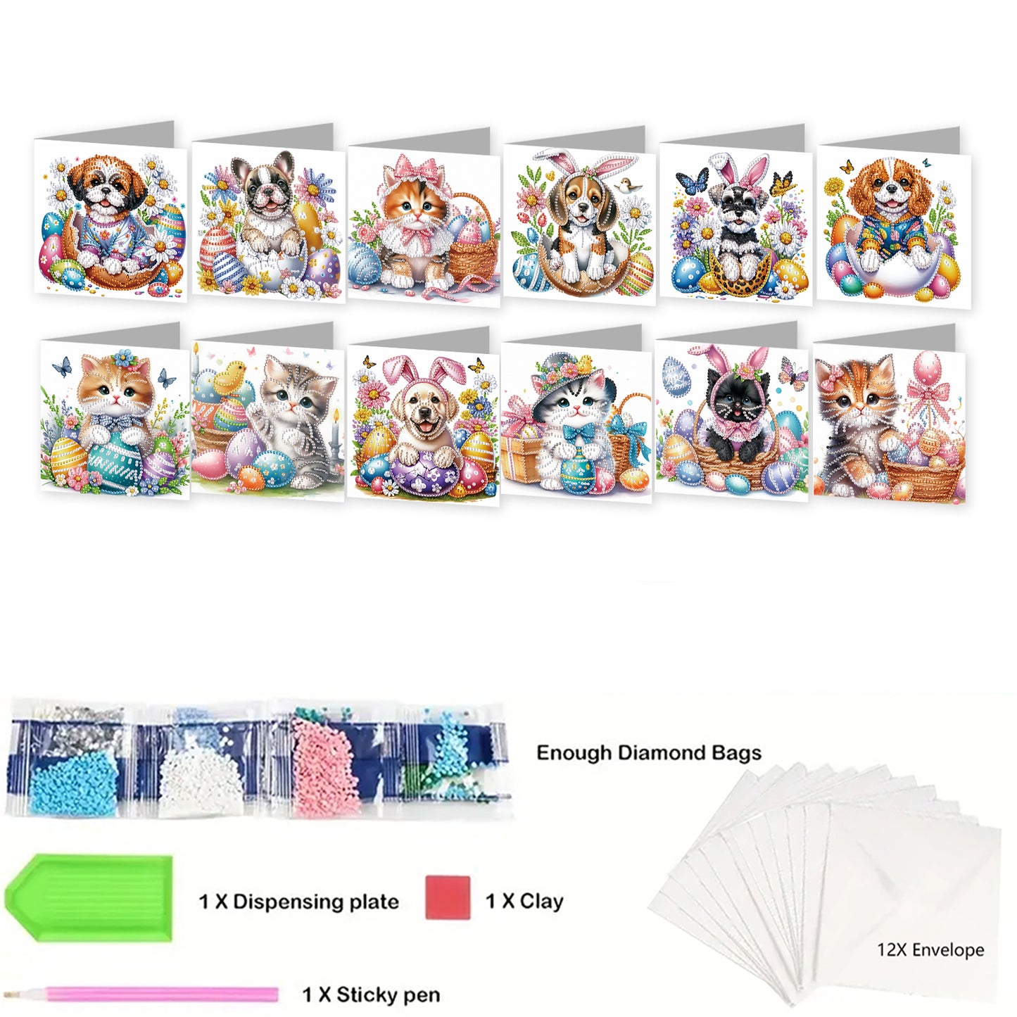 12pcs Cat Theme DIY Diamond Art Greeting Cards with Envelope for Birthday Gift
