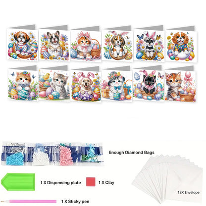 12pcs Cat Theme DIY Diamond Art Greeting Cards with Envelope for Birthday Gift