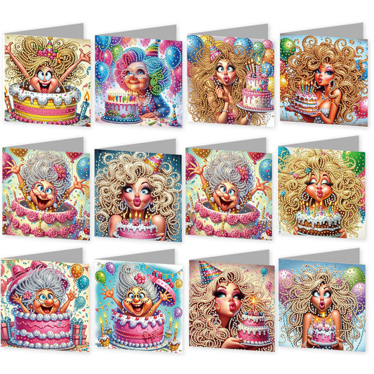 12pcs Girl Theme DIY Diamond Art Greeting Cards with Envelope for Birthday Gift
