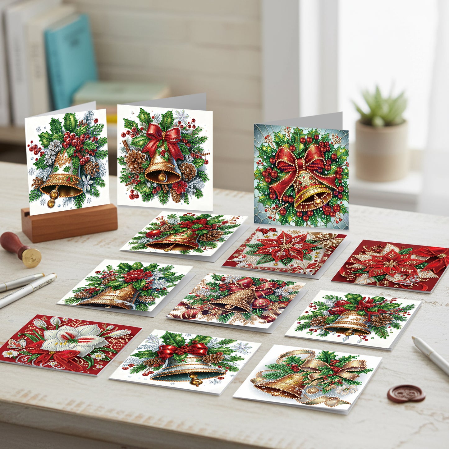 12Pcs Xmas Bell DIY Diamond Painting Greeting Cards for Adult Holiday Gifts