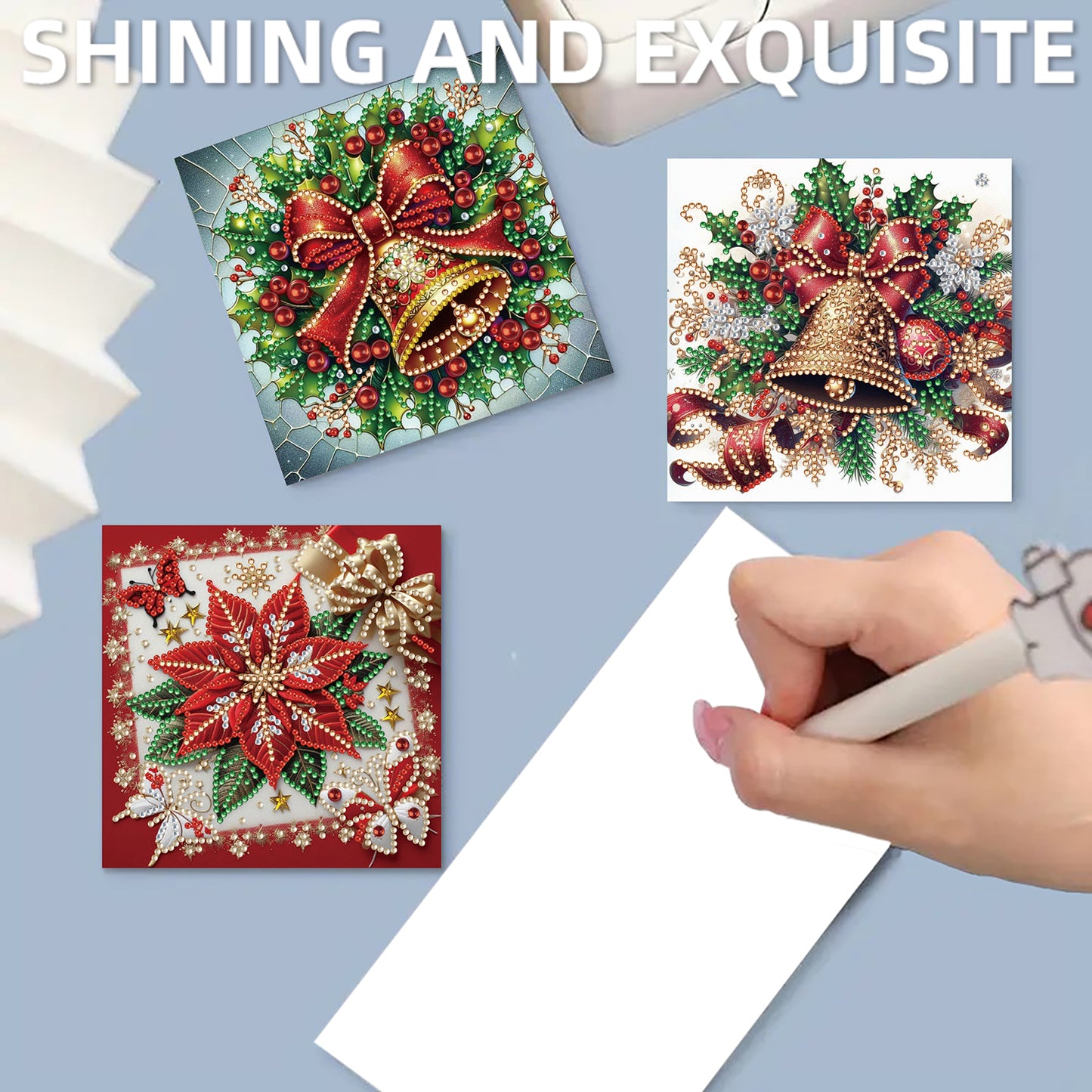 12Pcs Xmas Bell DIY Diamond Painting Greeting Cards for Adult Holiday Gifts