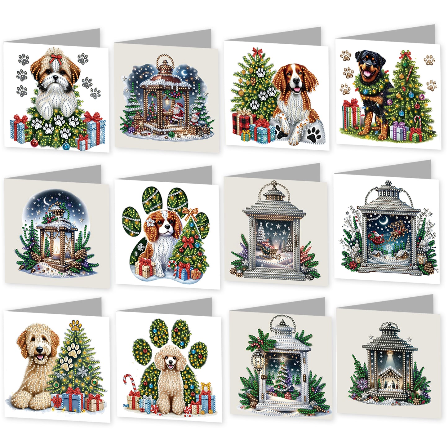 12Pcs Xmas Dog DIY Diamond Painting Greeting Cards for Adult Holiday Gifts