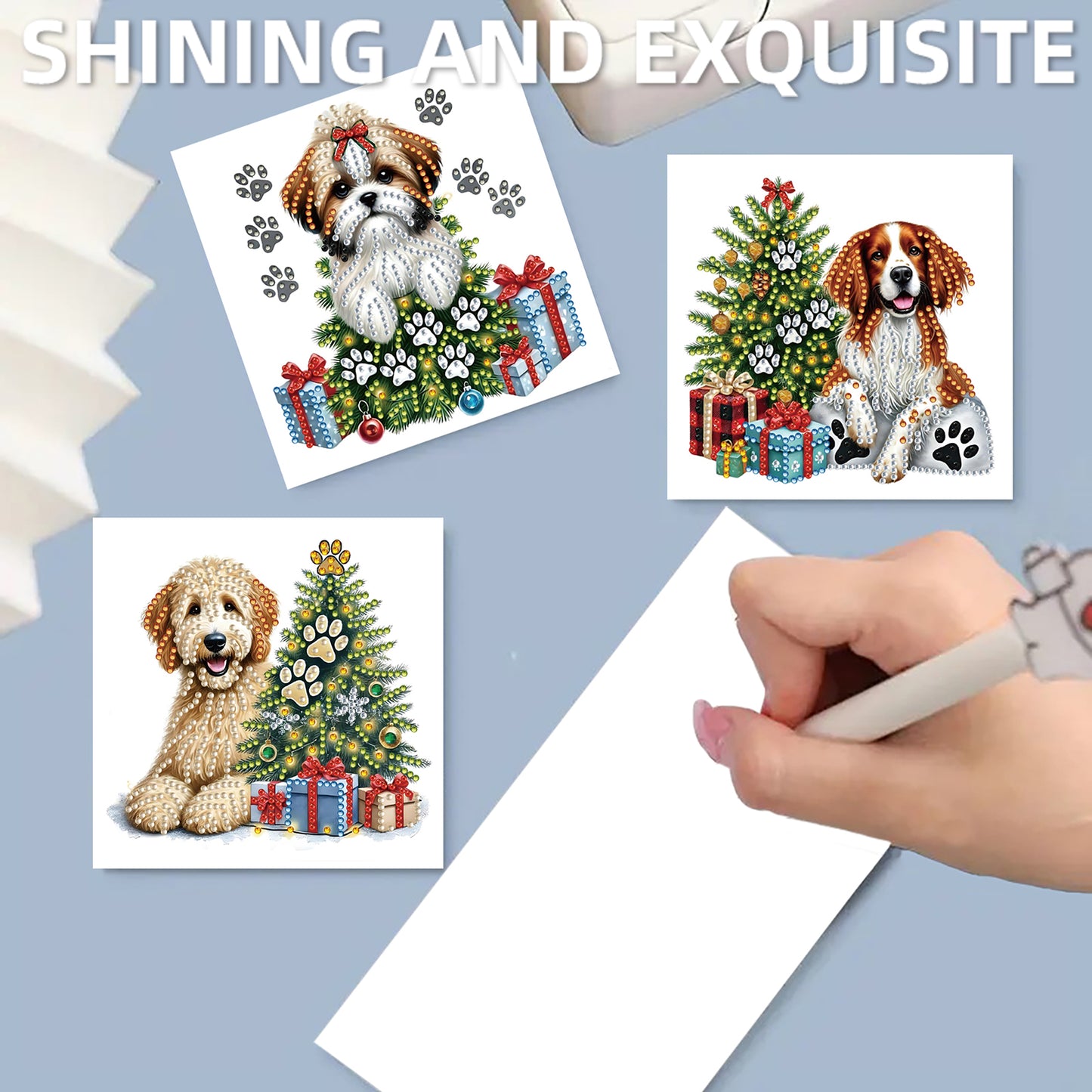 12Pcs Xmas Dog DIY Diamond Painting Greeting Cards for Adult Holiday Gifts