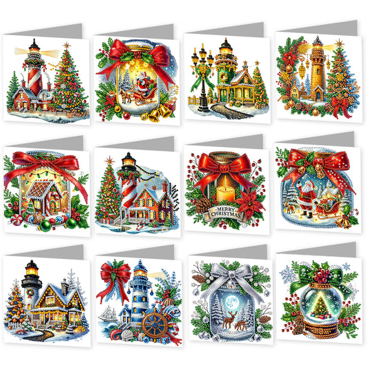 12Pcs Xmas Lighthouse DIY Diamond Painting Greeting Cards for Adult Holiday Gift