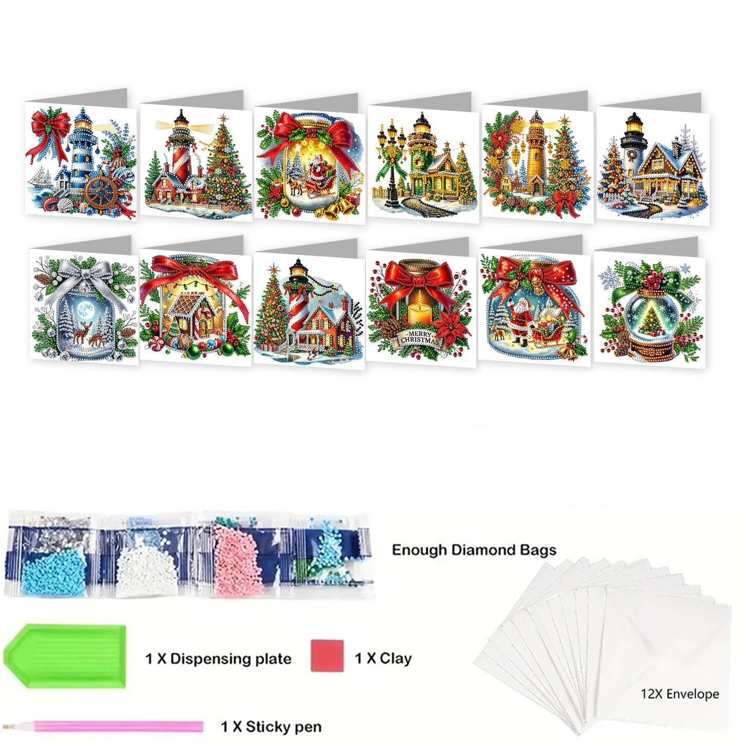 12Pcs Xmas Lighthouse DIY Diamond Painting Greeting Cards for Adult Holiday Gift