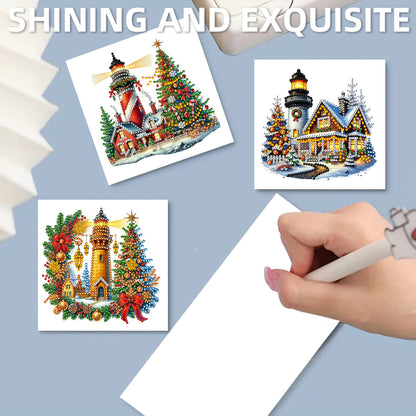 12Pcs Xmas Lighthouse DIY Diamond Painting Greeting Cards for Adult Holiday Gift