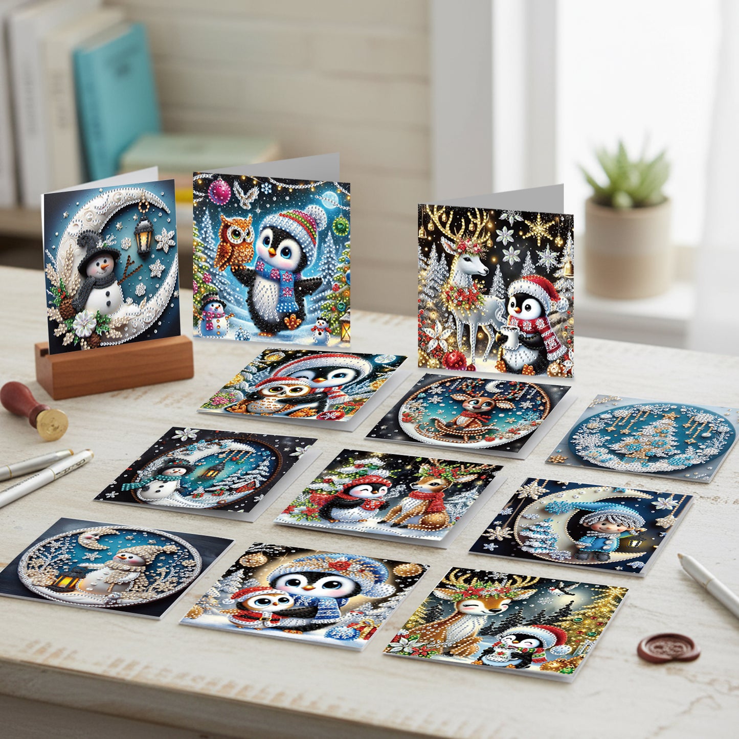 12Pcs Xmas Animal DIY Diamond Painting Greeting Cards for Adult Holiday Gifts