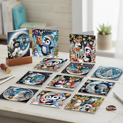 12Pcs Xmas Animal DIY Diamond Painting Greeting Cards for Adult Holiday Gifts