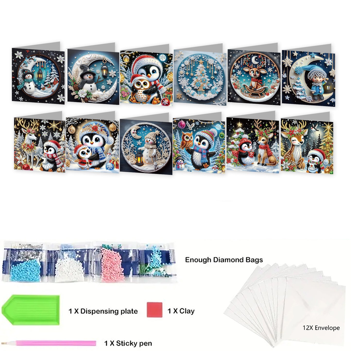 12Pcs Xmas Animal DIY Diamond Painting Greeting Cards for Adult Holiday Gifts